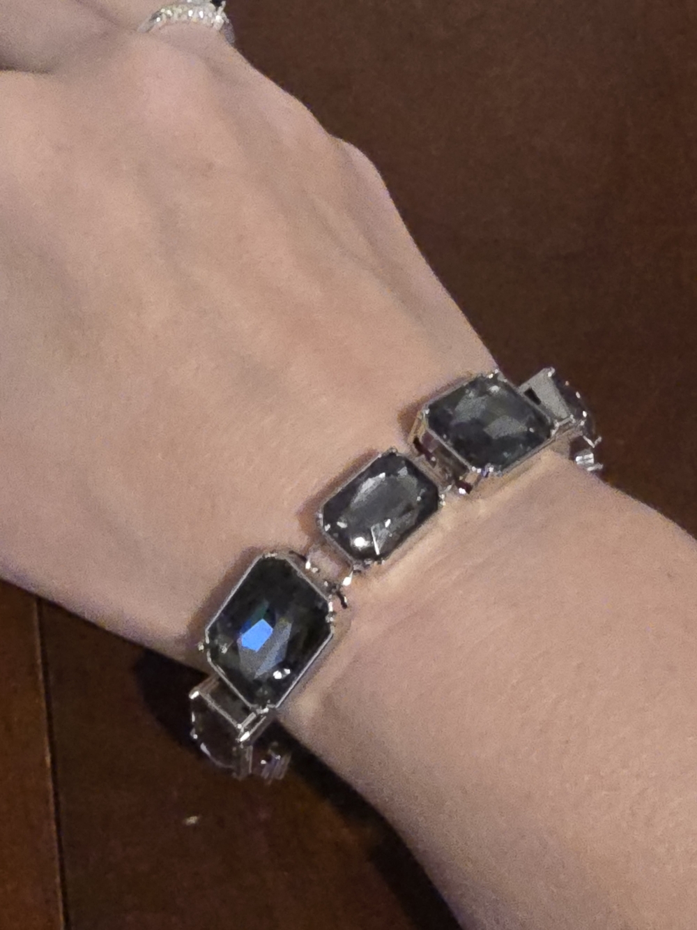 Silver-Tone Bracelet with Dark Gray Stones, Like New, 8" - 9.5" Adjustable